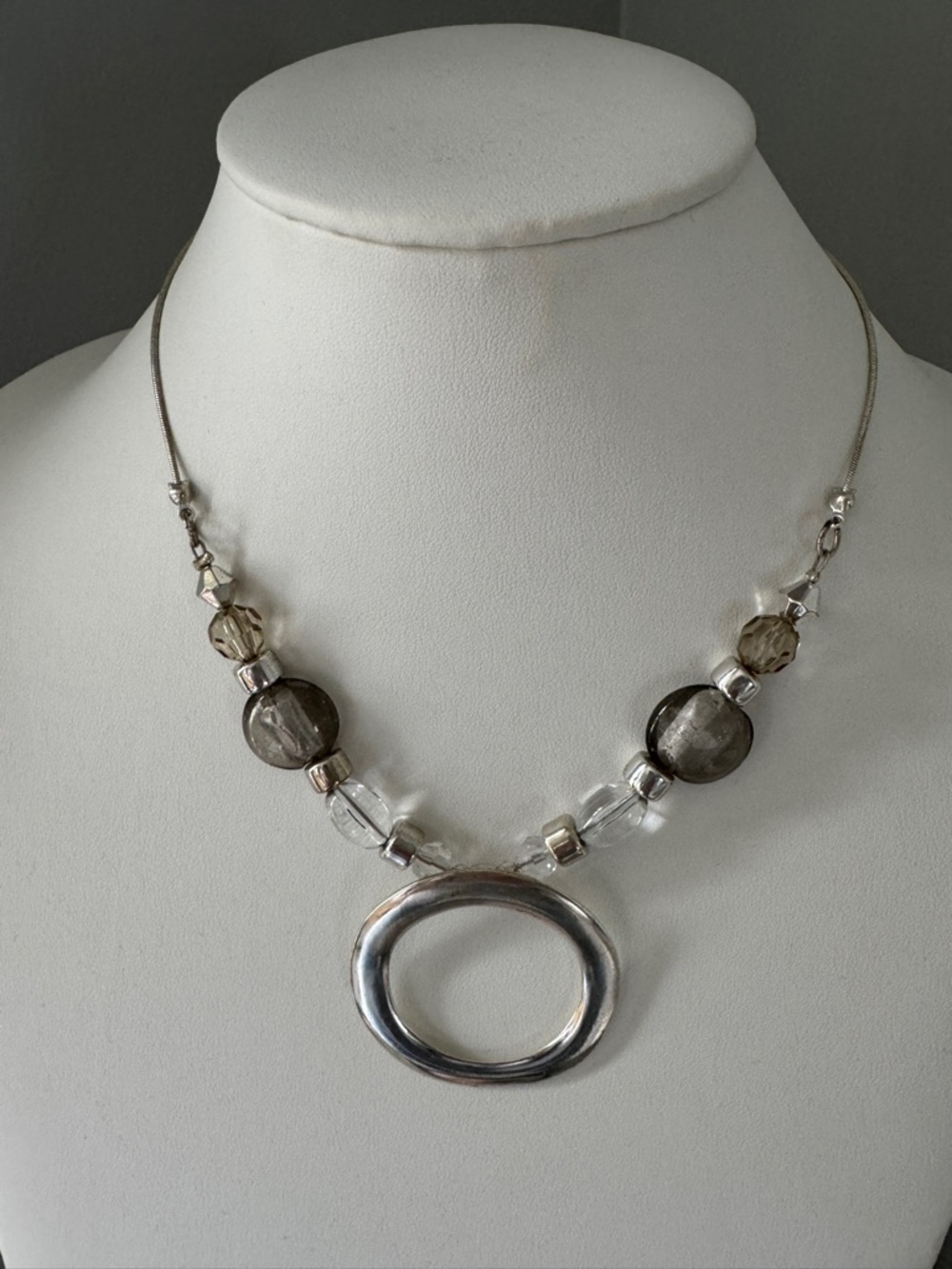 Source Unknown Silver-Tone Necklace with Smoke and Clear Beads